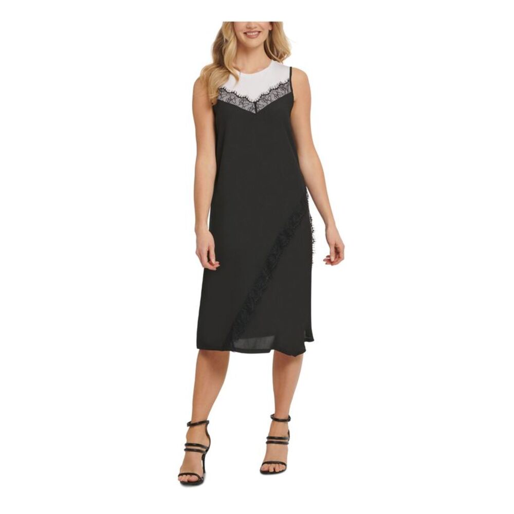 DKNY Womens Black Patterned Sleeveless Below The Knee Shift Dress Size: S